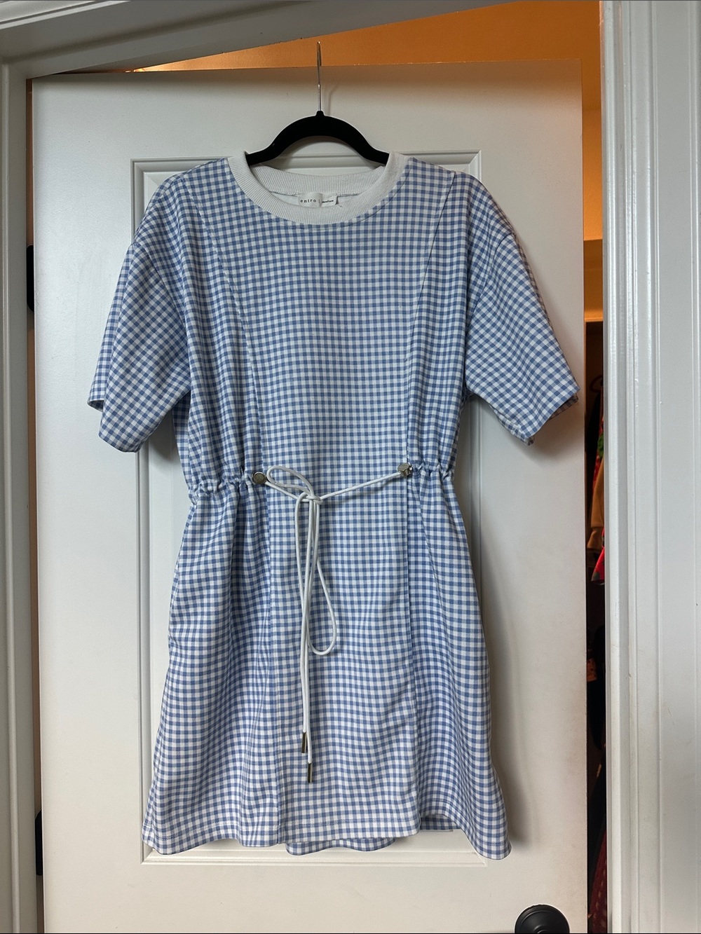 Light Blue Gingham Tie-Waist Medium Entro Dress